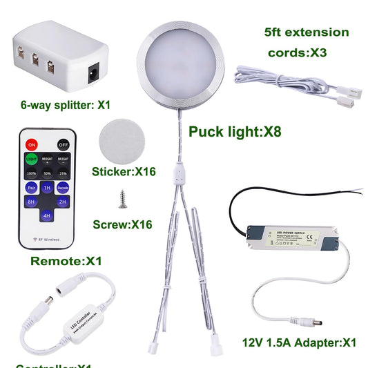 Linkable Under Cabinet LED Lighting 12V Slim Aluminum Dimmable Puck Lights Direct Wired with RF Remote Control for Kitchen Lighting(8pack Daylight White)