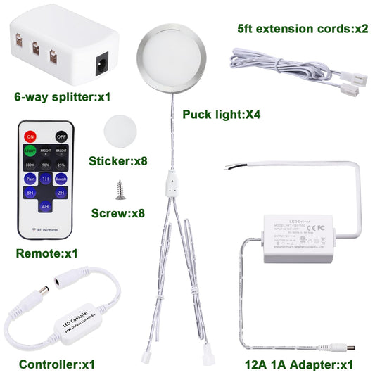 Linkable Under Cabinet LED Lighting 12V Slim Aluminum Dimmable Puck Lights Direct Wired with RF Remote Control for Kitchen Lighting(4pack, Daylight White)