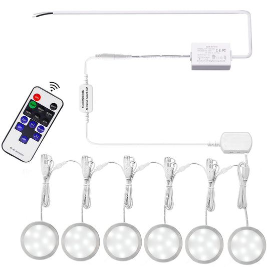 Linkable Under Cabinet LED Lighting 12V Slim Aluminum Dimmable Puck Lights Direct Wired with RF Remote Control for Kitchen Lighting(6pack,Daylight White)