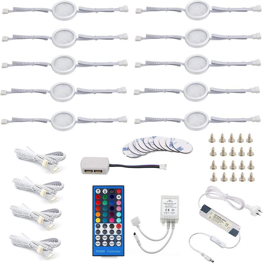 Under Counter LED Light Kit, RGBW Under Cabinet Lighting, 10 Packs Colored Cabinet Lights with Wireless 40-Key IR Dimmable Remote Control (10 Lights)