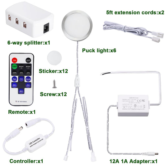 Linkable Under Cabinet LED Lighting 12V Dimmable Puck Lights Hardwired with Wireless RF Remote Control for Kitchen Mood Lighting(6 Lights, Warm White)