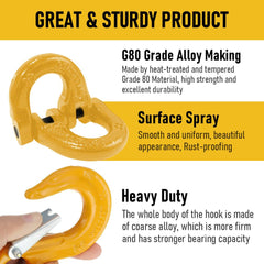 2SETS 2T Sling Hook With Hammerlock Heavy Duty Safety Latch Swivel Winch Hook For Trailer Safety Chain-Yellow