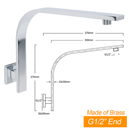WELS 10" 7.5L/m Chrome Square Rain Shower Head Brass Gooseneck Wall Arm Set