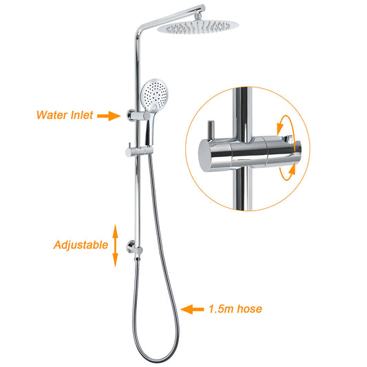 Chrome 250mm Rain Shower Head Round Handheld Sliding Rail Diverter Arm Twin Taps Set