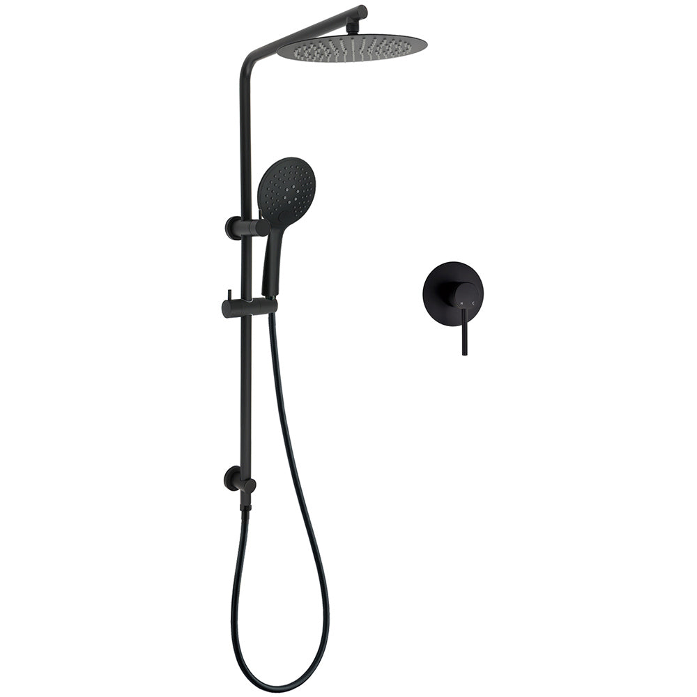 Matt Black Twin 10 Inch Shower Head 3 Modes Handheld 2in1 Wall Rail Arm Round Mixer