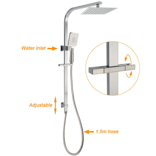 Brushed Nickel Square Twin Shower Set 8" Rain Head 3 Modes Handheld Silding Rail Arm