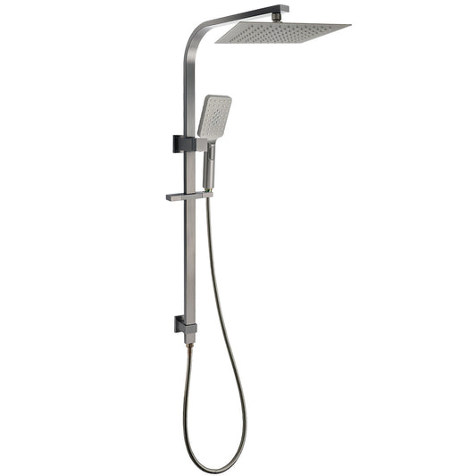 Gun Metal Double Square Shower Head Set 10" Rain Handheld Sliding Rail Diverter