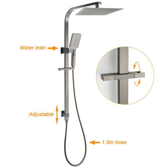 Gun Metal Double Square Shower Head Set 10" Rain Handheld Sliding Rail Diverter