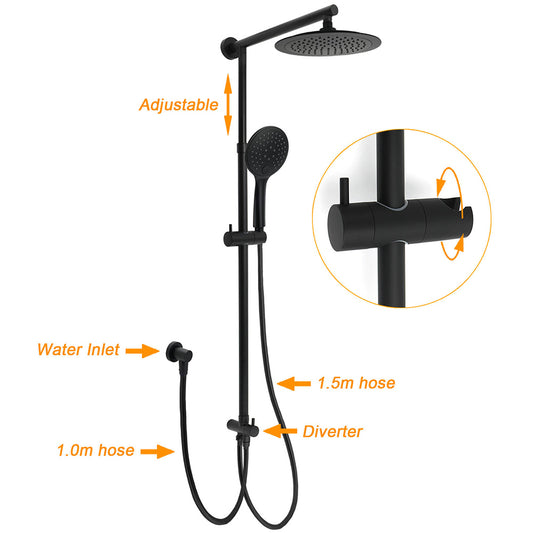 WELS Matt Black 9" Round Rain Shower Head Handheld Adjustable Rail Arm Elbow 2in1 Set