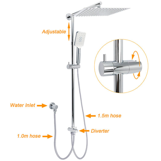 Double Square Shower Head 12" Rain Rose + 3 Modes Handheld Diverter Rail Arm Taps Set