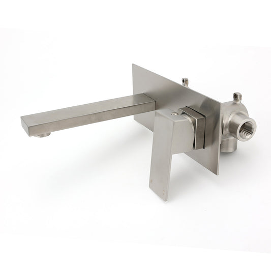Brushed Nickel Square Wall Mount Basin Mixer Laundry Vanity Tap Spout Faucet Set