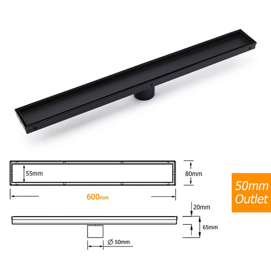Matt Black 600mm Tile Insert Linear Shower Grate Floor Drain 50mm Waste Outlet