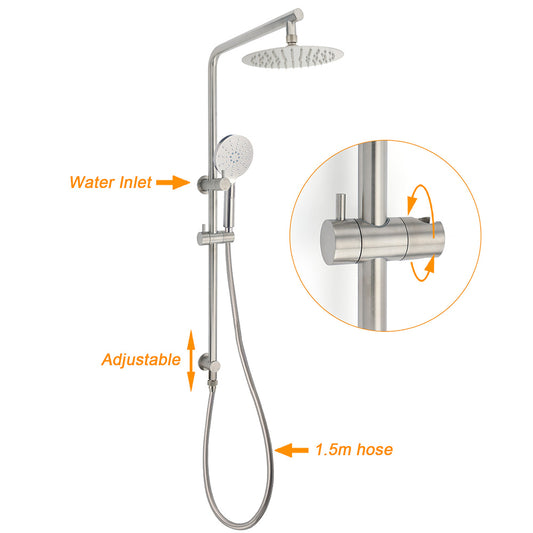 Brushed Nickel Dual Shower Set Sliding Rail Arm 8" Round Head Handheld Silver