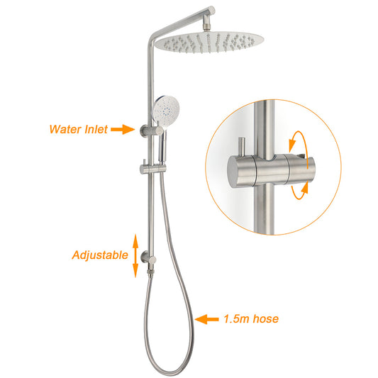 WELS Brushed Nickel Dual Shower Set Sliding Rail Arm 12" Round Head Handheld 2 Way Diverter