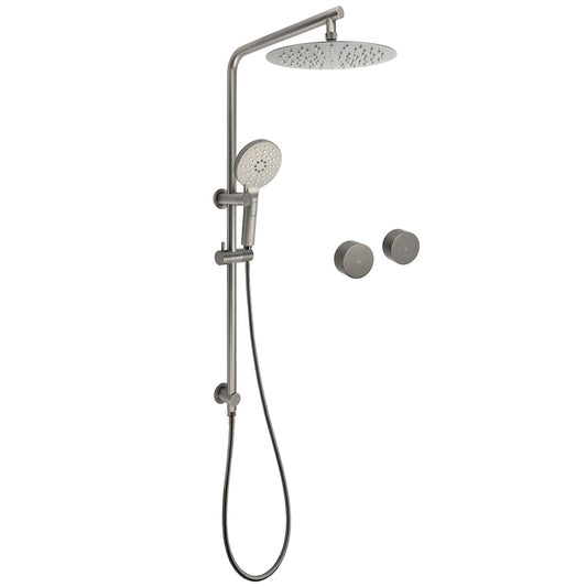 WELS Gun Metal Round 10" Twin Shower Head 3 Modes Handheld Slide Rail Hot Cold Taps Set