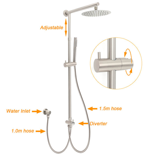 Brushed Nickel 2in1 Round 8inch Stainless Steel Rain Head Shower Handheld Sliding Rail Arm Set