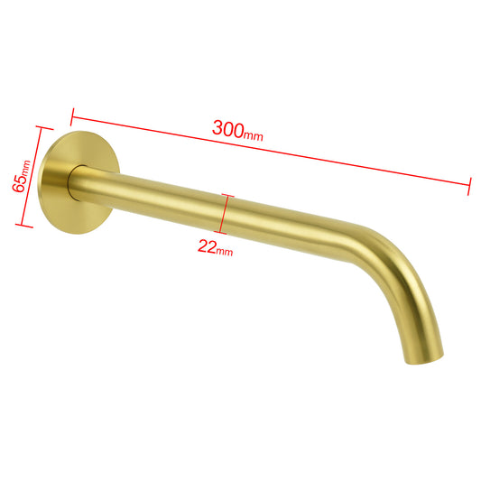Bathroom 300mm Long Wall Mounted Extention Bath Tub Filler Spout Brushed Gold