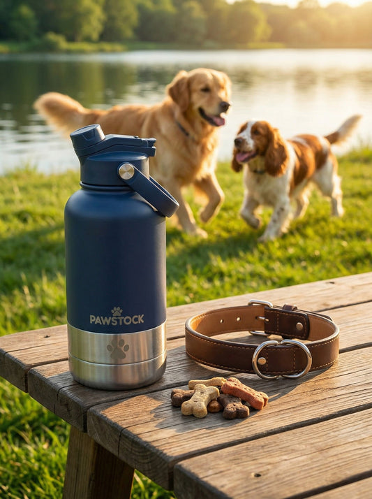 Pawstock 3-in-1 Insulated Dog Water Bottle with Dual Bowls – 1L Stainless Steel Travel Bottle - Navy