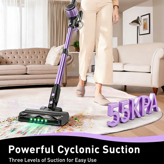 Cordless Vacuum Cleaner, 10 in 1 Stick Vacuum with Powerful Suction, Hose, Green LED Light, Anti-Tangle Brush, 55Kpa Lightweight Rechargeable Vacuum Cleaner for Home, Hardwood Floors, Carpets, Pet Hair.