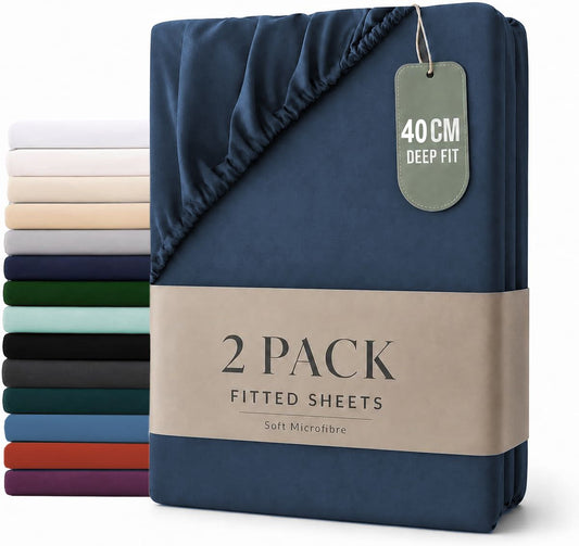 Hotel Quality Fitted sheets - 2 Piece Fitted sheets  -Breathable Bedding - Wrinkle, Fade, Stain Resistant- 26inch/40cm Deep Pocket Fitted Bed Sheet-Wrinkle and Fade Resistant,(Navy,Super King)