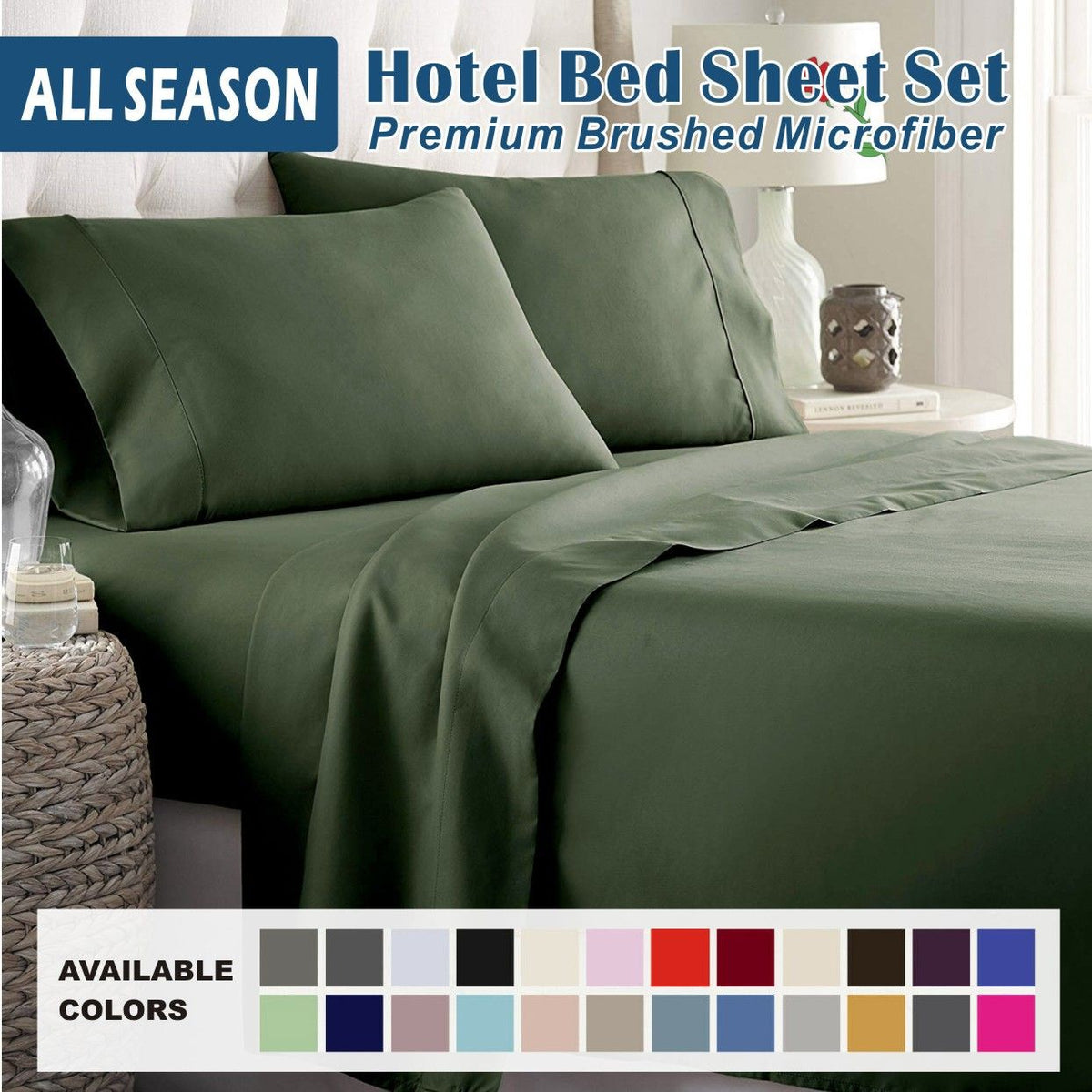 4 Piece Bed Sheet Set- Bedding Sheets & Pillowcases -Breathable Bedding - Wrinkle, Fade, Stain Resistant-Deep Pocket Flat Fitted Bed Sheet Set(Olive green,Double)