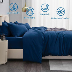 3 Piece Hotel Soft Microfiber Quilt Cover Set-2000TC Duvet/Donna Cover Set & Pillowcases -1 Quilt Cover Zipper Closure & 1 x Pillowcases-Breathable Bedding - Wrinkle, Fade, Stain Resistant(Navy,Queen)