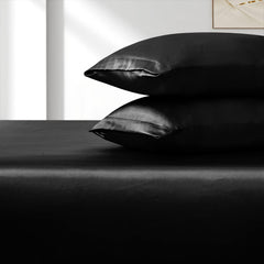 Satin Fitted Sheet Set Hotel 3 Pieces Fitted Sheet with Pillowcase, Art Silk Bedding Set-Luxury Soft Silky Sheets for Hair and Skin, Similar to Silk Fitted Sheets Set 3 Pieces(Super King,Black)