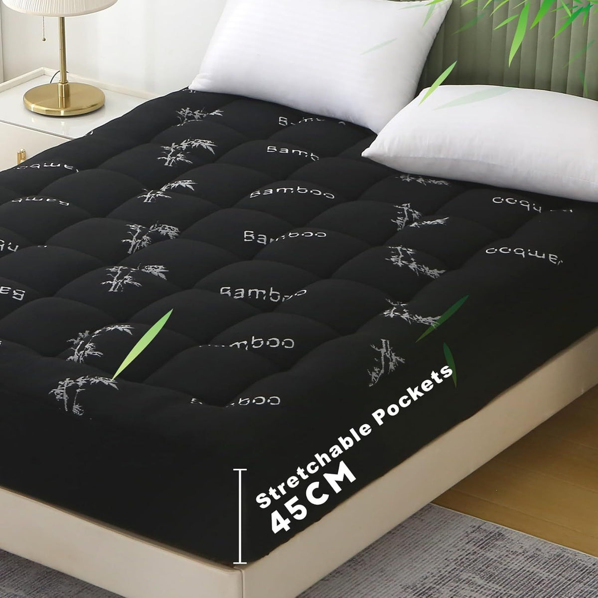 800GSM Mattress Topper Viscose Derived from Bamboo, Thick Pillowtop Fitted Mattress Cover with 45cm Deep Skirt - Machine Washable Hypoallergenic(Double,Black)