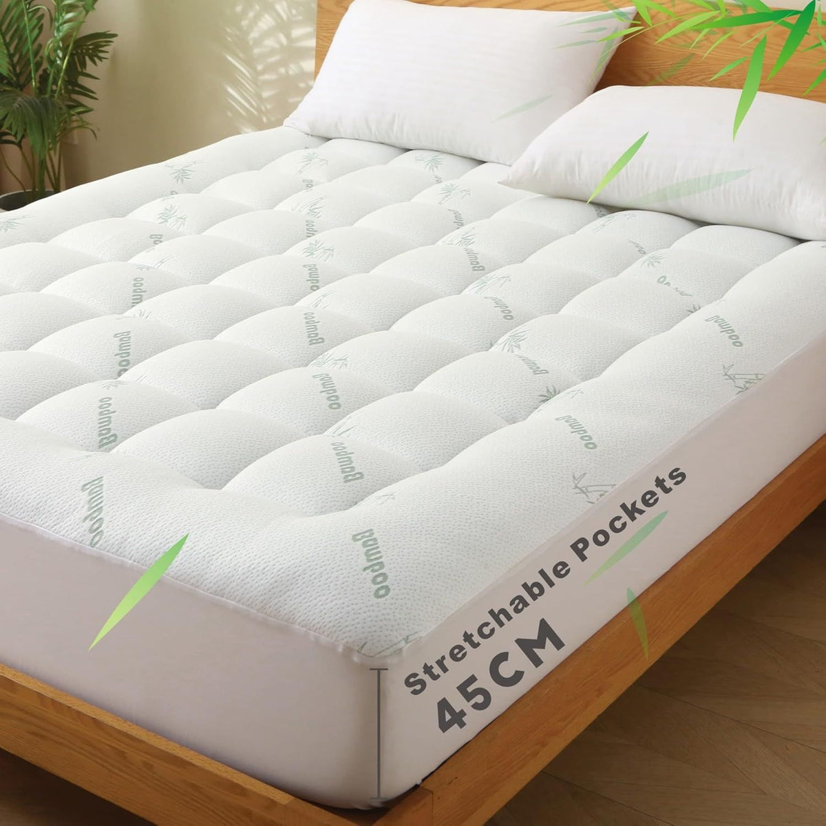 800GSM Mattress Topper Viscose Derived from Bamboo, Thick Pillowtop Fitted Mattress Cover with 45cm Deep Skirt - Machine Washable Hypoallergenic（Single,Green）