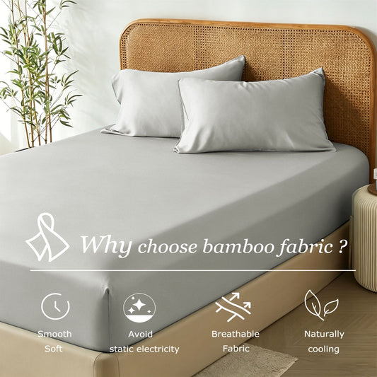 3 Piece Hotel Bamboo Cooling Fitted Sheet Set & Pillowcase -Ultra Soft 2000TC Breathable Fitted Bed Sheets Set with 37 Centimetre Deep Pocket-Cooling Sheets for Hot Sleepers(Silver-gray,Queen)