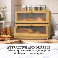 Double Layer Bamboo Bread Box for Kitchen Counter with Large Capacity and Clear Window