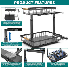 Set 2 pcs - 2-Tier Kitchen Under Sink Organiser Storage with Height Adjustable, Unique Slide Rail & Suction Cups for Storage