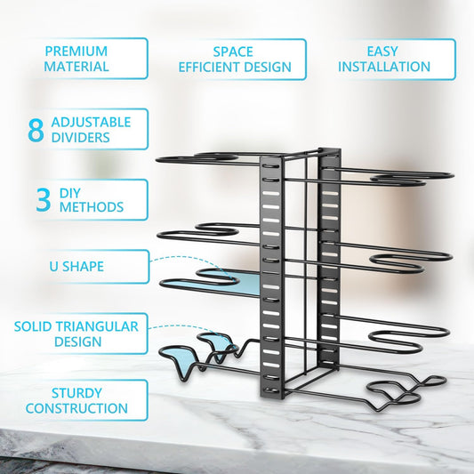 Adjustable 8-Tier Pan Rack Pot Organizer for Kitchen Cabinet