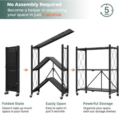 CARLA HOME 3-Tier Foldable Storage Shelf with Wheels for Kitchen, Garage, Pantry or Basement (Black)