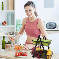 CARLA HOME 2-Tier Fruit Basket Stand for Kitchen Countertop for Fruits, Vegetables, Bread & Snacks with Wooden Handle