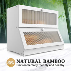 CARLA HOME Double Layer Bamboo Bread Box for Kitchen Counter - Large Capacity Bread Storage Container with Clear Window, Easy Assembly, Farmhouse Style Bread Holder (White)