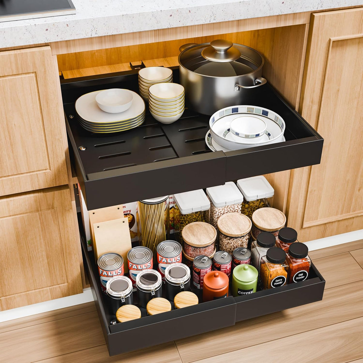 CARLA HOME 2 Pack Pull Out Cabinet Organizer Expandable for Cabinets with Adjustable Slide Out Shelves and Easy Installation (Black)