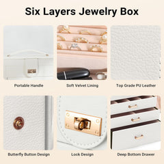CARLA HOME 6-Layer Large Jewelry Box for Women withDrawers, Mirror, Lock, Necklace Hooks & Side Compartments for Rings, Earrings, Bracelets, Gifts (White)