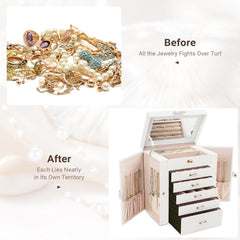 CARLA HOME 6-Layer Large Jewelry Box for Women withDrawers, Mirror, Lock, Necklace Hooks & Side Compartments for Rings, Earrings, Bracelets, Gifts (White)