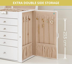 CARLA HOME 6-Layer Large Jewelry Box for Women withDrawers, Mirror, Lock, Necklace Hooks & Side Compartments for Rings, Earrings, Bracelets, Gifts (White)