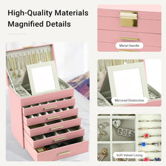CARLA HOME  6-Layer Large Jewelry Organizer Box for Women with Mirror, Drawers, Hooks & Dividers for Rings, Necklaces, Bracelets, Ideal Gift for Women (Pink)
