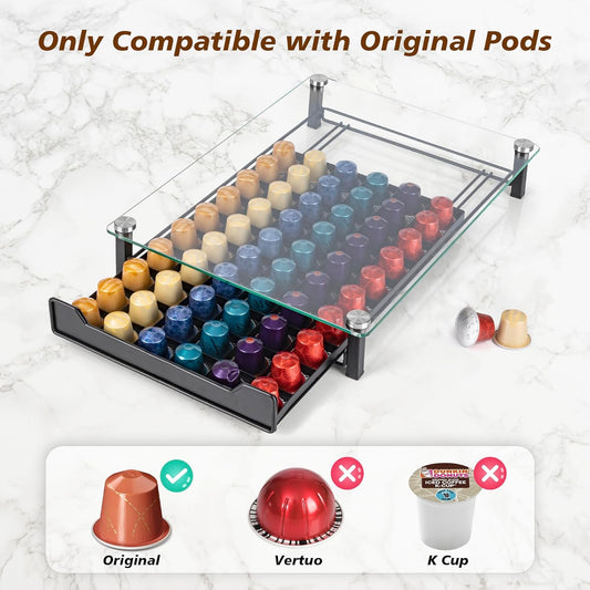 60 Coffee Pod Holder Drawer with Tempered Glass Capsule Organizer for Nespresso Pods and Sliding Drawer for Kitchen Countertop