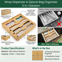 CARLA HOME Bamboo Wrap Organiser, 5 in 1 Dispenser with Cutter for Kitchen