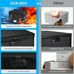 CARLA HOME Fireproof Document Box with Lock - Collapsible Black - Glass Fiber - Reflective Strip Design