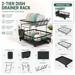 CARLA HOME 2 tier Dish Drying Rack with Drainboard & Utensil Holder for Kitchen (Black)