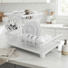 CARLA HOME 2 tier Dish Drying Rack with Drainboard & Utensil Holder for Kitchen (White)