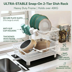 CARLA HOME 2 tier Dish Drying Rack with Drainboard & Utensil Holder for Kitchen (White)