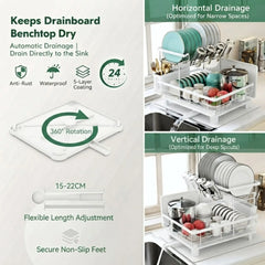 CARLA HOME 2 tier Dish Drying Rack with Drainboard & Utensil Holder for Kitchen (White)
