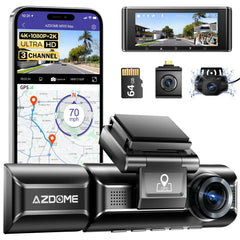 3 Channel Dash Cam in Black with WiFi, GPS, 4K+1080P+2.5K, 64GB Card, Parking Mode