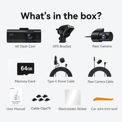 4K Dash Camera with Touch Screen, Black, Front and Rear, 64GB Card Included